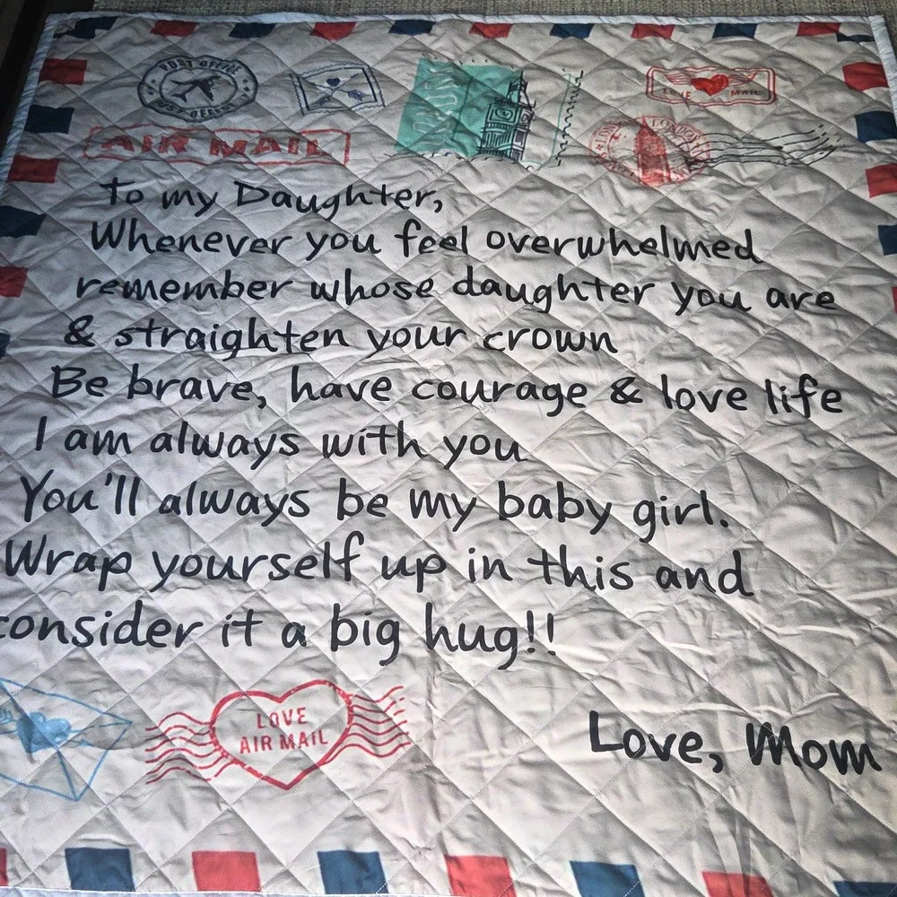 Love Mom Quilted Blanket - Red and Blue 60 In X 56 In